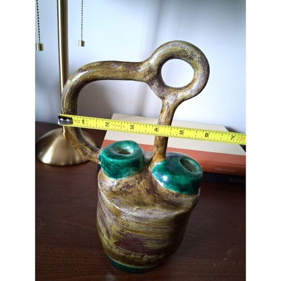 Vintage Handcrafted Ceramic Double-Spout Vase Unique Handle Design Earthy Green - Picture 7 of 7